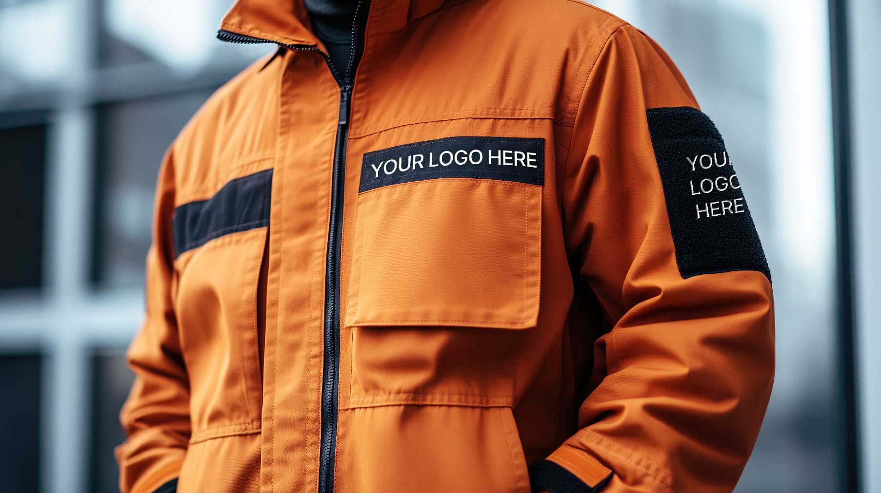 Branded orange workwear jacket with logo patches, fit for industrial and logistics teams
